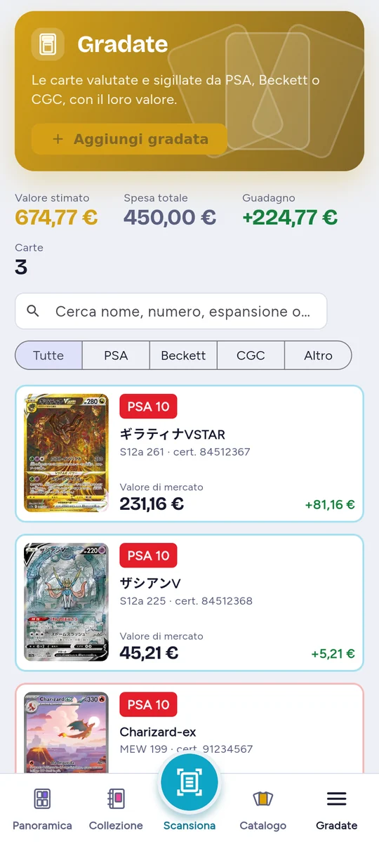 Elenco delle carte gradate con il valore